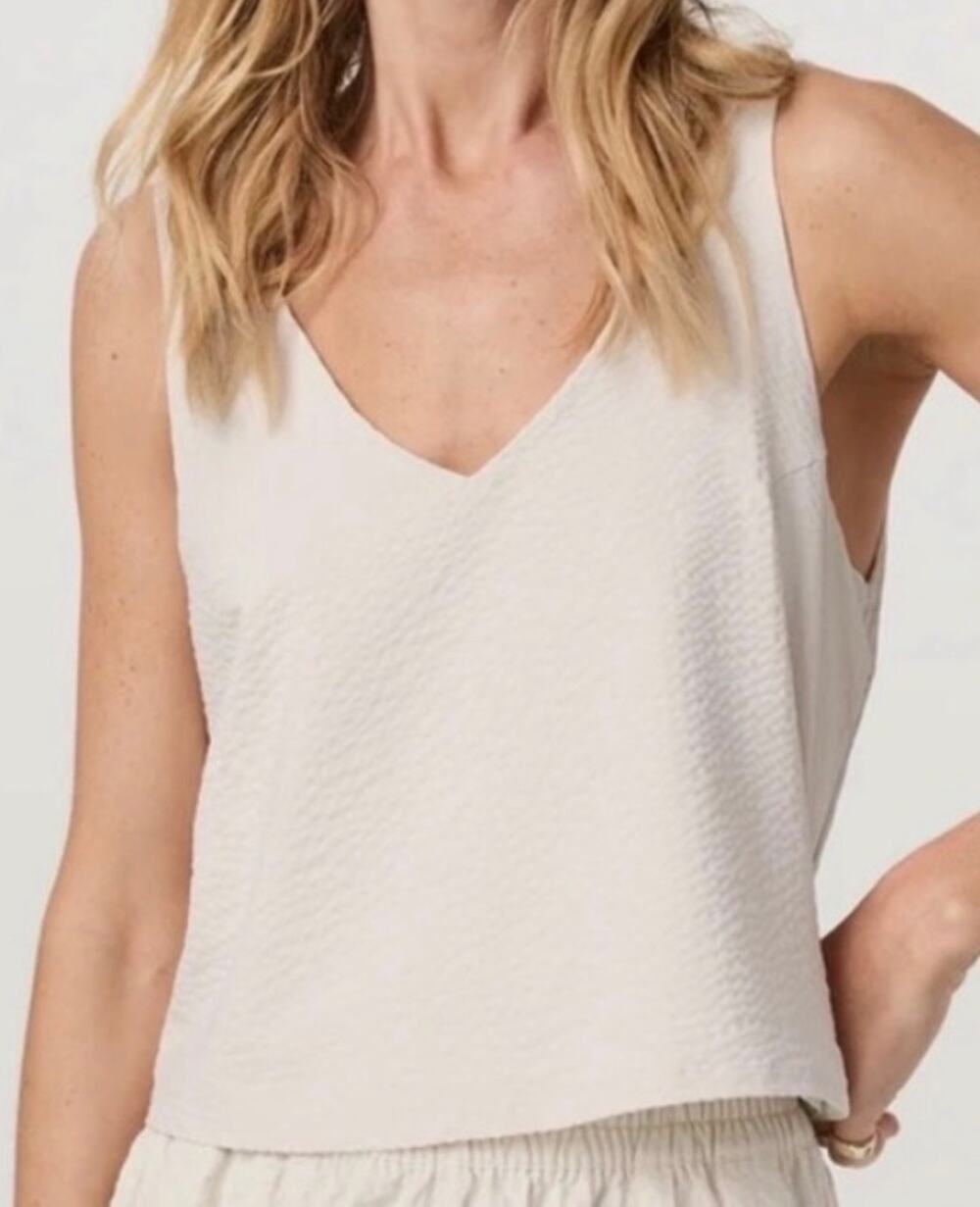 Vuori Villa Cream Small Textured Crop Tank neutral shade classic V-neckline $68
